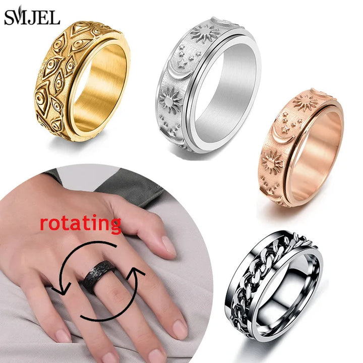 Antistress Anxiety Ring Fidget Spinner Toys For Women Men Trend Star Moon Skull Punk Rings Rotate Jewelry Size 7/8/9/10/11 Gift