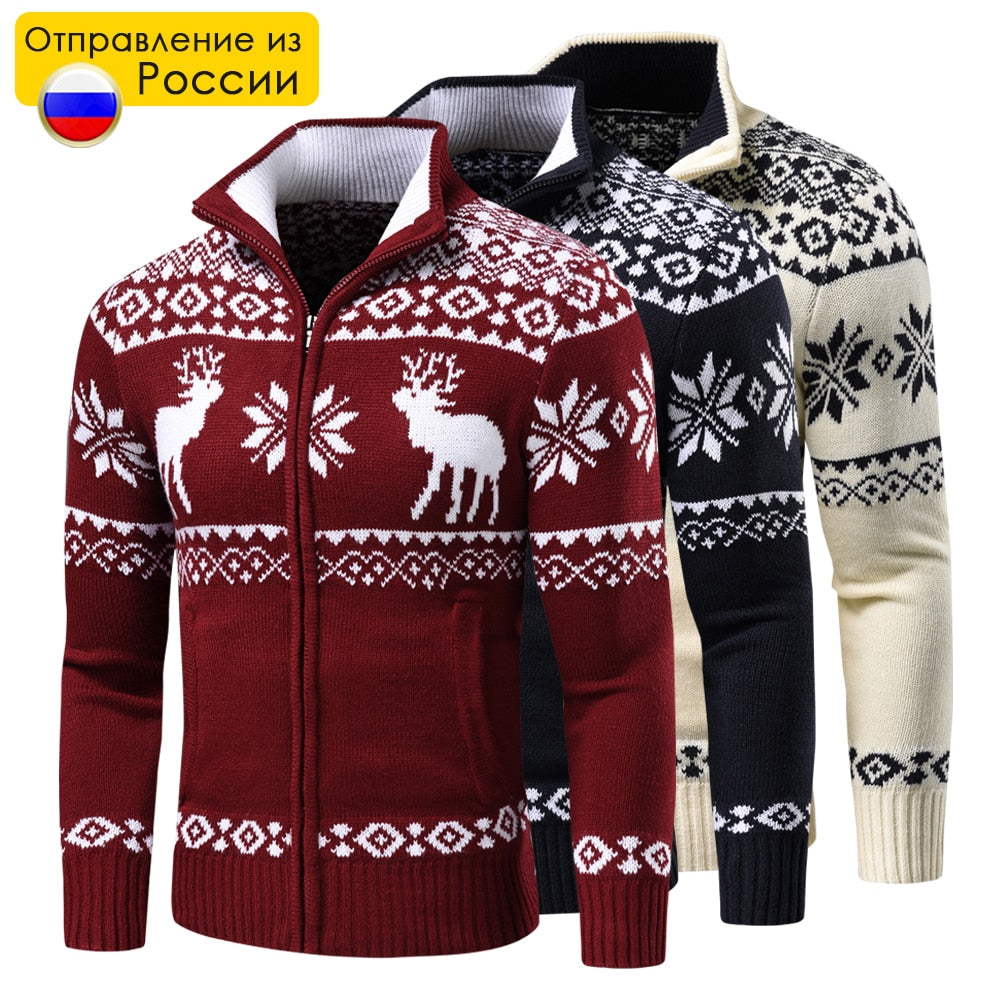 Uomo Autunno Nuovo Casual Jacquard Modello natalizio Zip Maglione Cardigan Giacca Uomo Inverno Manica lunga Collo a lupetto Pullover - Gufetto Brand 