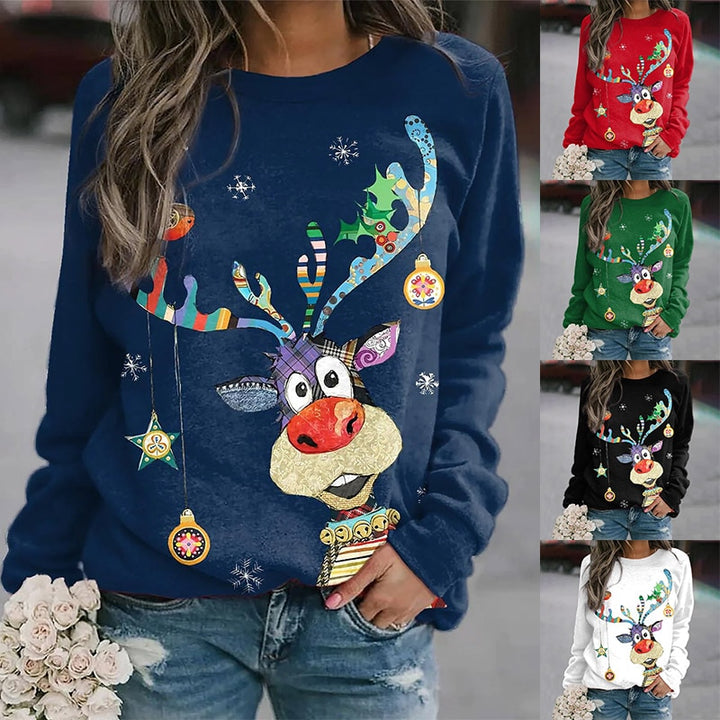 Autunno Inverno Maglione di Natale Top eleganti vintage da donna Girocollo T-shirt con pupazzo di neve a maniche lunghe stampata con animali - Gufetto Brand 