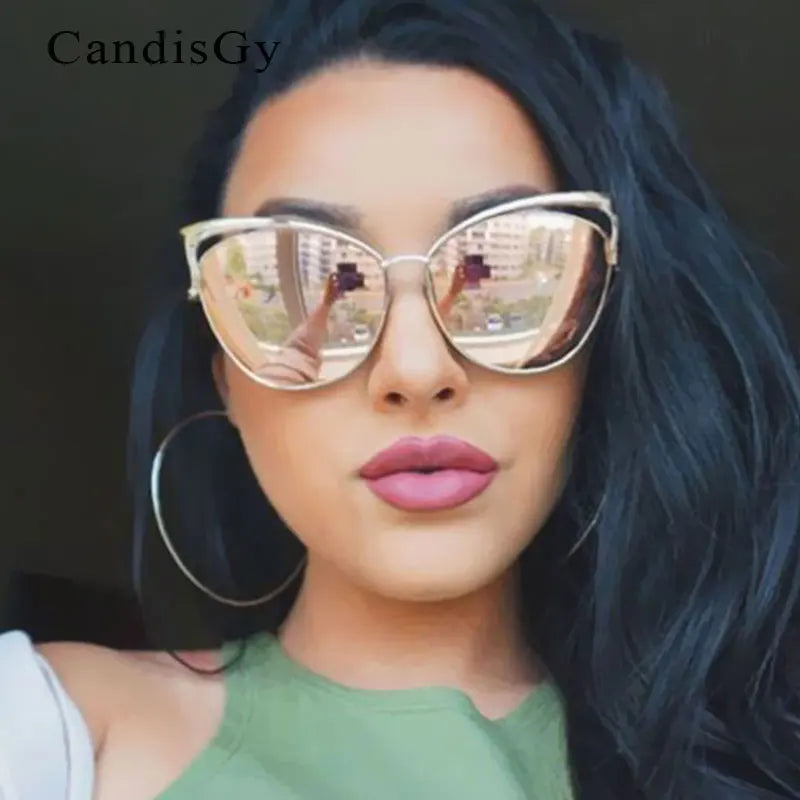 High Quality Cat Eye Female Sunglasses Gold Metal Gafas de sol Reflective Summer Pink Glasses Vintage Sexy Occhiali da sole - Gufetto Brand 