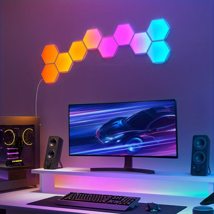 Smart RGB Hexagonal Wall Panels - App-Controlled Sync Honeycomb LED Lights, Non-Waterproof, Wall Mount, Decoration Use, ≤36V, Wireless, Plastic PVC, Toggle On/Off, Powered by USB, Dimmable Color Changing Mood Lighting, With