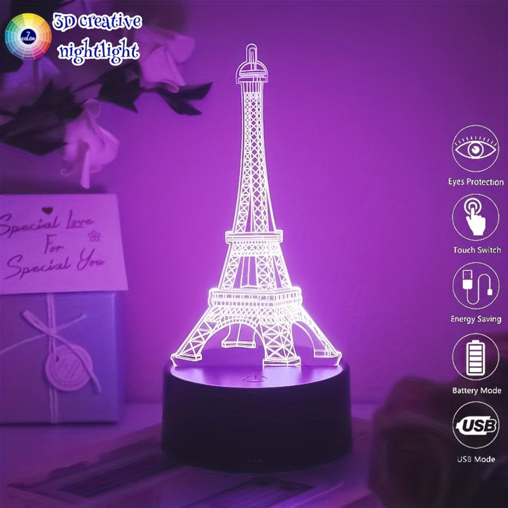 3D Illusion Eiffel Tower LED Night Light, Touch Control Acrylic Table Lamp with 7 Color Changing, Energy Saving USB Rechargeable Desk Decor, Romantic Paris Visual Art Gift