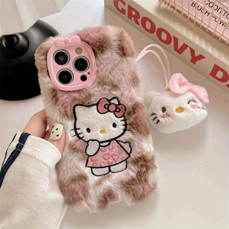 [Sanrio] New Autumn And Winter Plush Embroidered Cute Leopard print Hello Kitty Phone Case, Compatible with iPhone Models 11 to 16.max Simple and Fashionable Autumn and Winter Models. It's a Perfect Gift for Any Occasion.