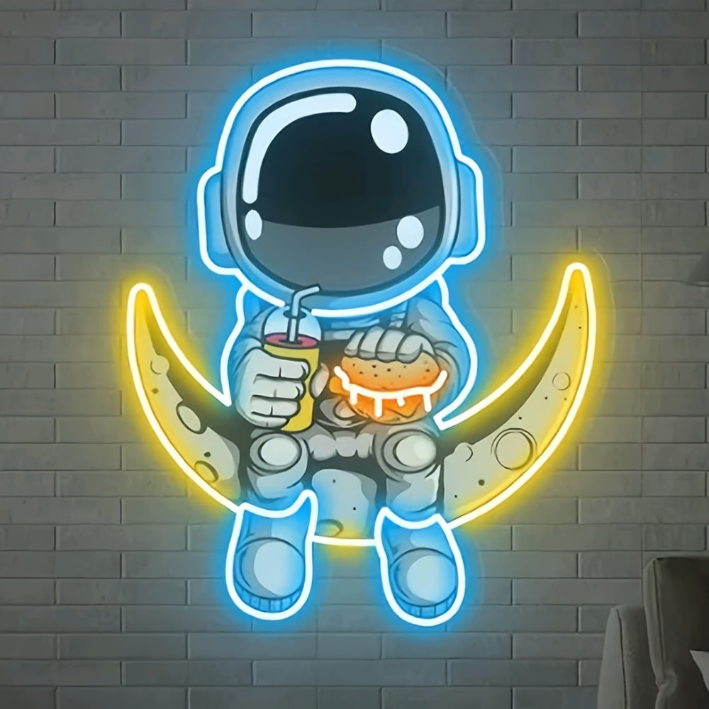 Astronaut Art Neon Sign, Handcrafted Acrylic LED Neon Light, Space-Themed Wall Hanging Decor with USB Power, Non-Dimmable Plastic Astronaut with Burger and Moon, Ideal for Bedroom, Kids Gift, 38cm