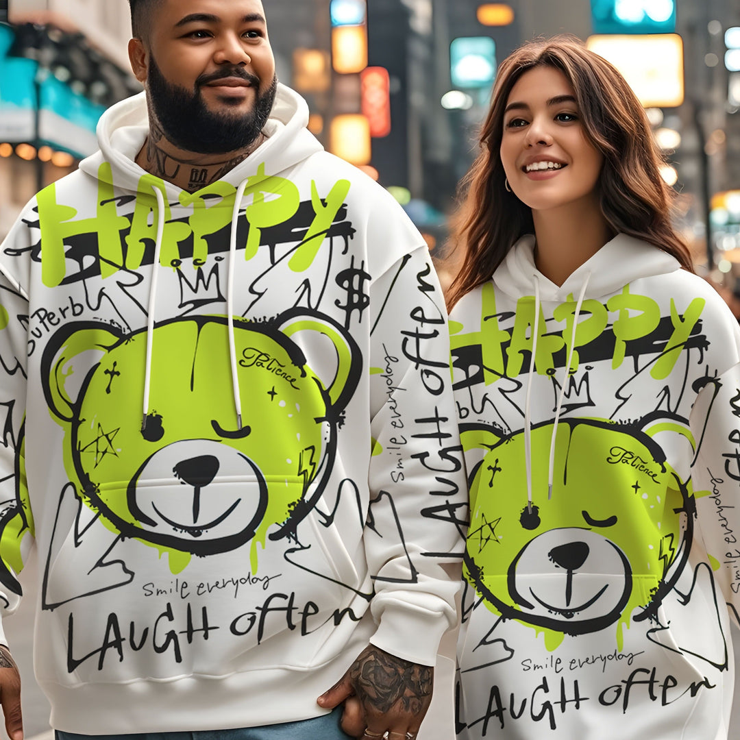 1pc Happy Bear Cartoon Graffiti Print Men'S Hoodie, Casual Streetwear Style, Loose Fit Pullover, Polyester Knit Fabric, Regular Size, Party & Daily Wear