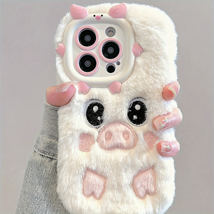 Cute Plush Piggy Soft TPU Phone Case for iPhone 14 Pro Max/14 Pro/14/15 Pro Max/15 Pro/15/13 Pro Max/13 Pro/11/12 - Anti-Fall Protective Cover for Girls - Fashionable Unique Design Accessory