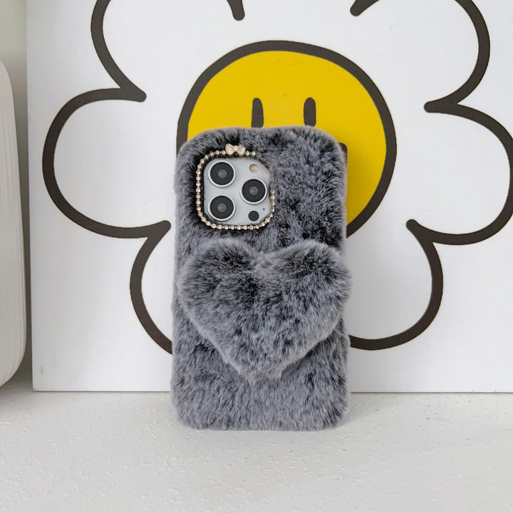 Gray Plush Mobile Phone Case with Three-dimensional Large Love Heart