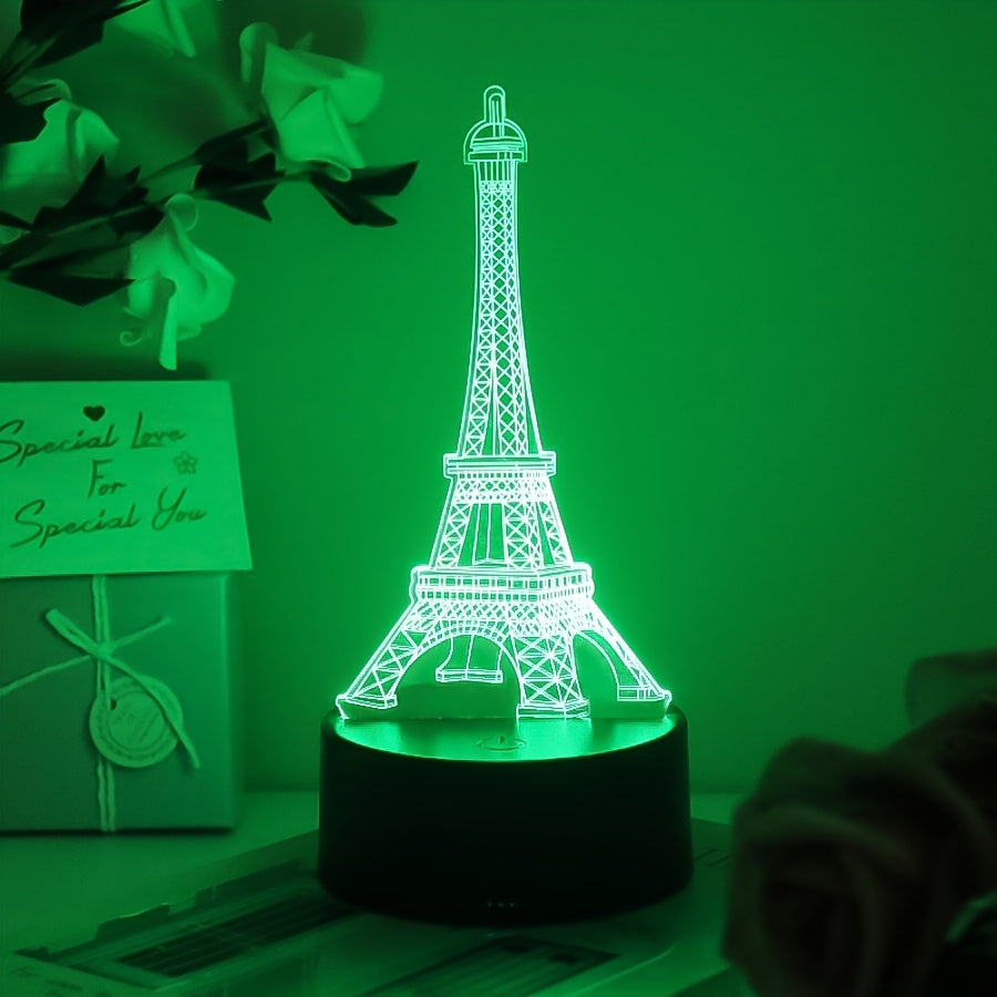 3D Illusion Eiffel Tower LED Night Light, Touch Control Acrylic Table Lamp with 7 Color Changing, Energy Saving USB Rechargeable Desk Decor, Romantic Paris Visual Art Gift