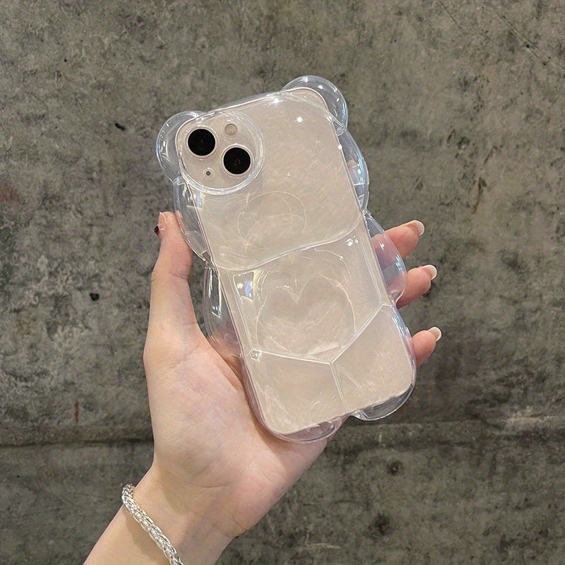 Cute 3D Love Heart Bear Transparent Phone Case - Protect Your iPhone 14/13/12/11 Pro Max XR/14 Plus with Shockproof Soft Cover & Cartoon Animal Glossy Design!