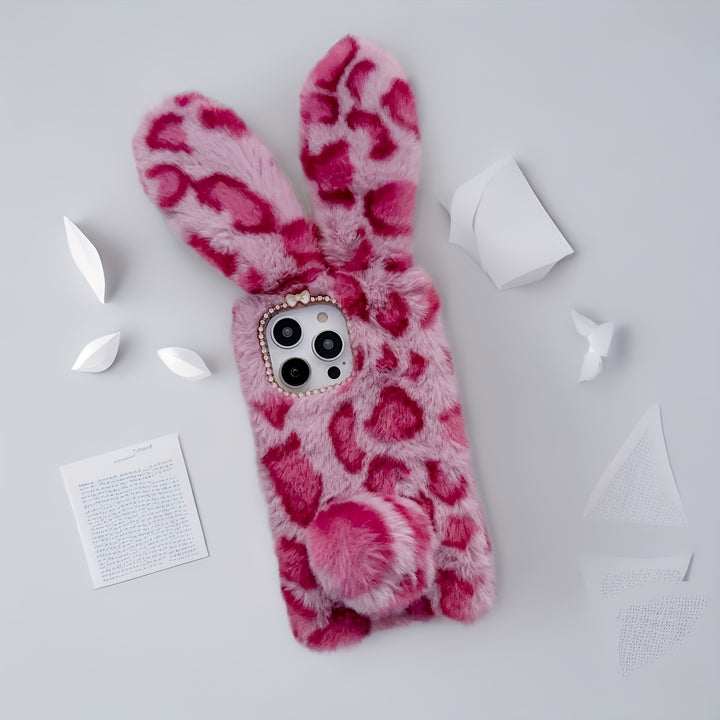 Plush Mobile Phone Case Rose Red Leopard Rabbit Ears