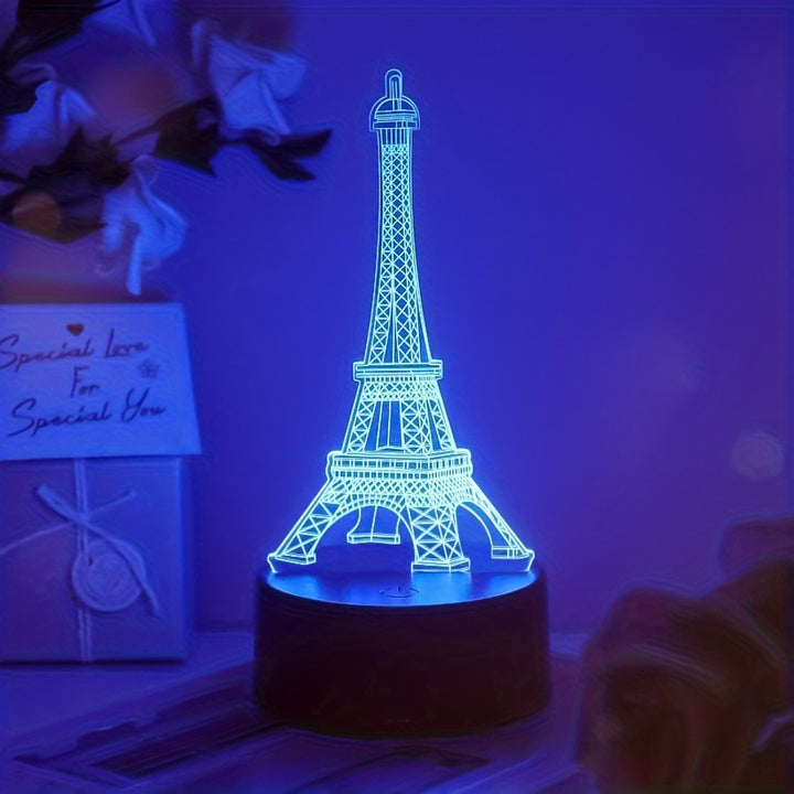 3D Illusion Eiffel Tower LED Night Light, Touch Control Acrylic Table Lamp with 7 Color Changing, Energy Saving USB Rechargeable Desk Decor, Romantic Paris Visual Art Gift