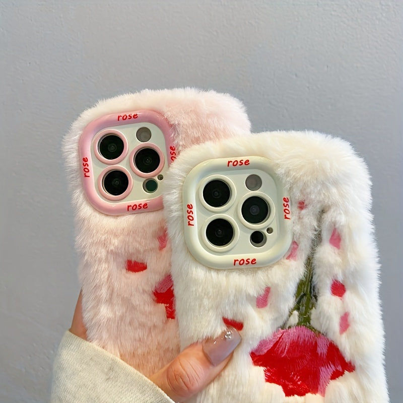 Autumn and Winter Plush Embroidered Rose Flower Holder Mobile Phone Case, Suitable for Apple 16/ 15 Pro Max/15 Pro/15/15Plus/14 Pro Max/14 Pro/14Plus/14/13 Pro Max/13 Pro/13 /12 Pro Max/12 Pro/12/11Pro max/11 Couple Full Pack