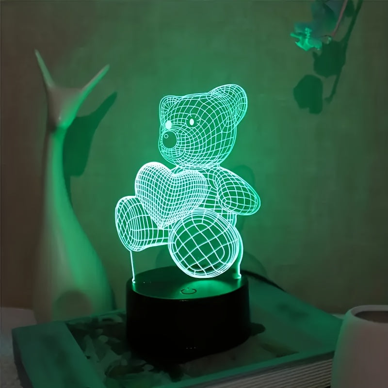 3D Illusion LED Night Light, USB Powered Bear with Heart, 16 Color Touch Switch Bedroom Decorative Lighting, Modern Fantasy Geometric Pattern, Remote Control Tabletop Lamp, Perfect Holiday Gift