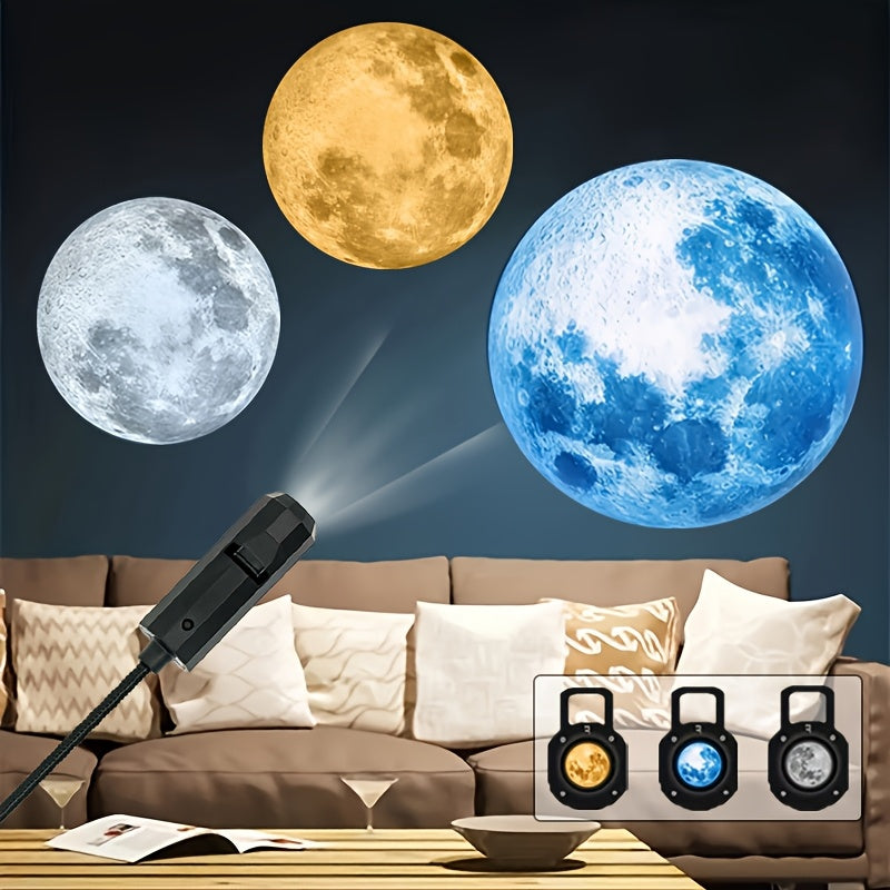 1pc 360° Rotatable Moon Lamp Projector, 3 Interchangeable Projection Plugs, USB-Powered LED Ceiling Light for Bedroom, Photo Backdrop, Proposal, Wedding Decor, ABS Plastic, Non-Waterproof, Decorative Use