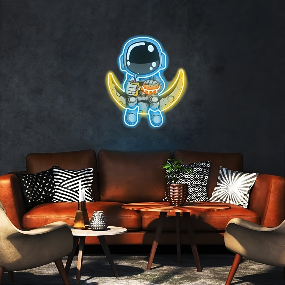 Astronaut Art Neon Sign, Handcrafted Acrylic LED Neon Light, Space-Themed Wall Hanging Decor with USB Power, Non-Dimmable Plastic Astronaut with Burger and Moon, Ideal for Bedroom, Kids Gift, 38cm