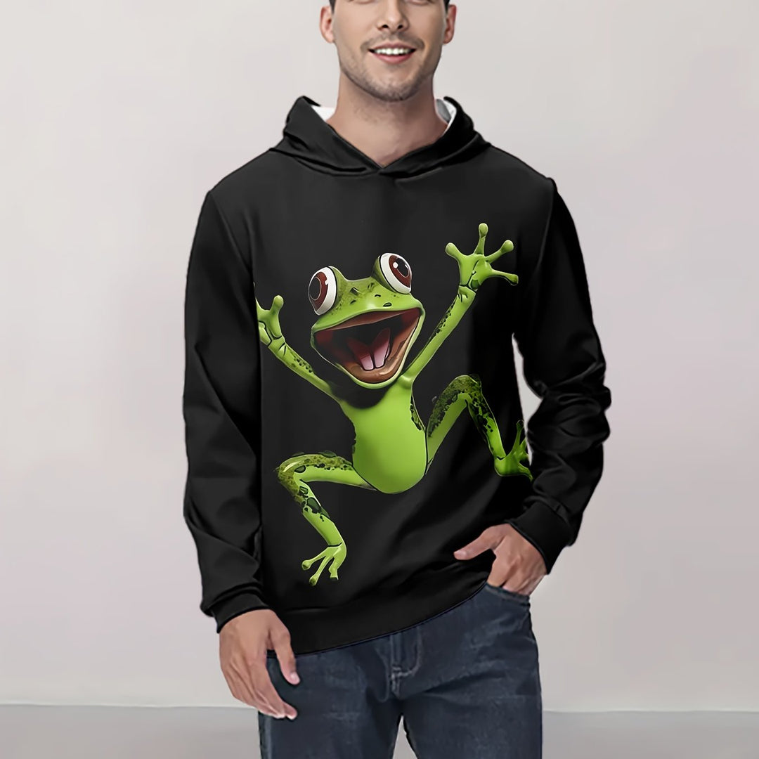 Men's 3D Cartoon Frog Hoodie - Casual Long Sleeve Pullover with Kangaroo Pocket, Perfect for Spring & Fall, Cool, Hoodie Top, Versatile