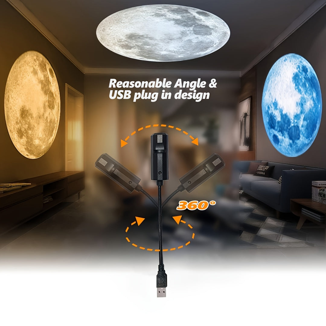 1pc 360° Rotatable Moon Lamp Projector, 3 Interchangeable Projection Plugs, USB-Powered LED Ceiling Light for Bedroom, Photo Backdrop, Proposal, Wedding Decor, ABS Plastic, Non-Waterproof, Decorative Use