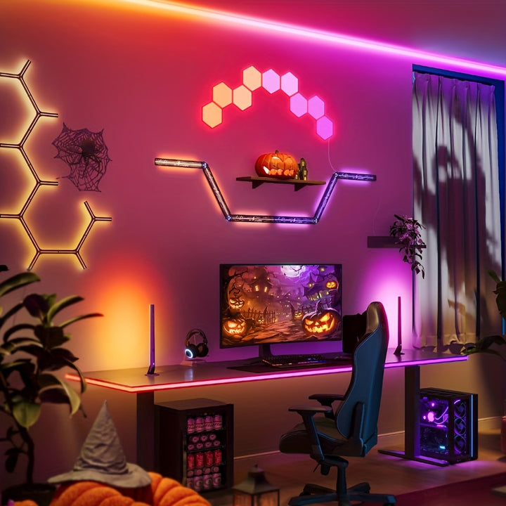 Smart RGB Hexagonal Wall Panels - App-Controlled Sync Honeycomb LED Lights, Non-Waterproof, Wall Mount, Decoration Use, ≤36V, Wireless, Plastic PVC, Toggle On/Off, Powered by USB, Dimmable Color Changing Mood Lighting, With