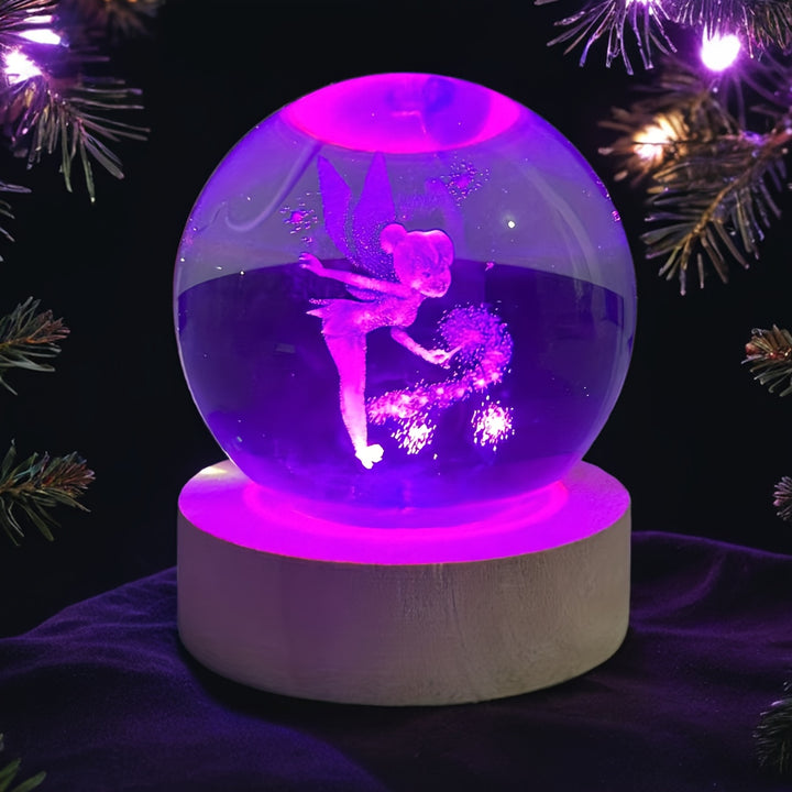 3D Laser Engraved Dancing Fairy Crystal Ball LED Night Light, RGB Light, USB Powered, Multi Colors, Indoor Use