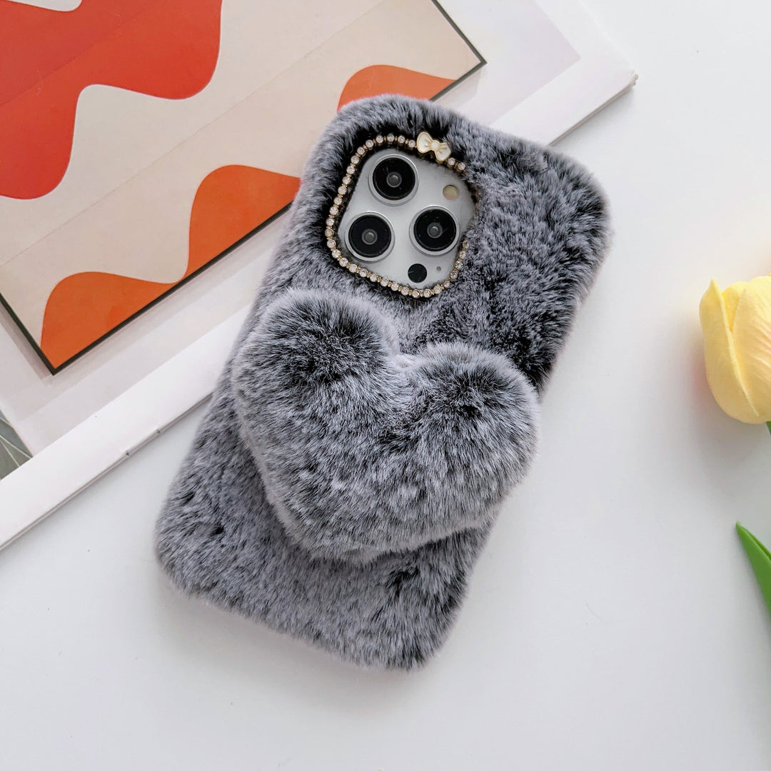 Gray Plush Mobile Phone Case with Three-dimensional Large Love Heart