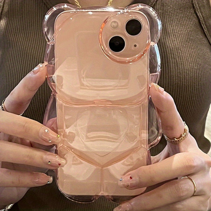 Cute 3D Love Heart Bear Transparent Phone Case - Protect Your iPhone 14/13/12/11 Pro Max XR/14 Plus with Shockproof Soft Cover & Cartoon Animal Glossy Design!