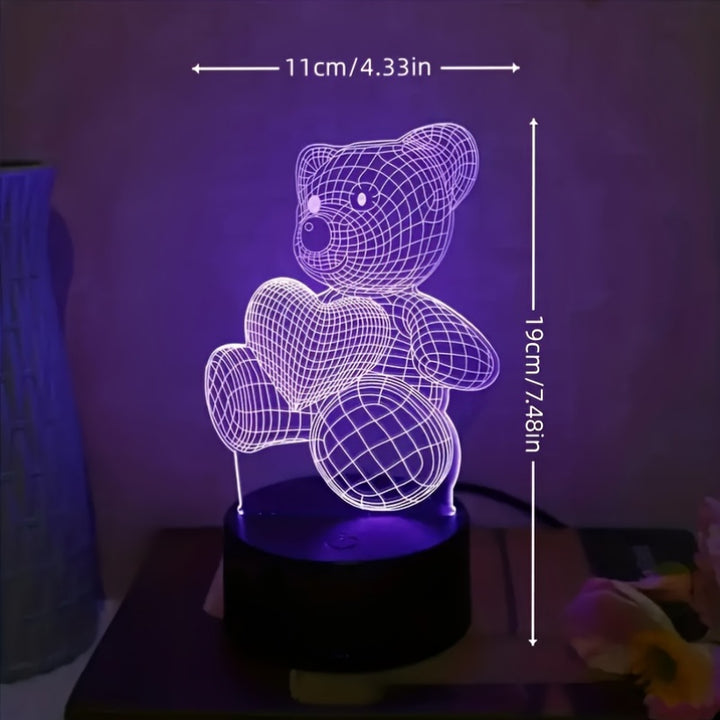 3D Illusion LED Night Light, USB Powered Bear with Heart, 16 Color Touch Switch Bedroom Decorative Lighting, Modern Fantasy Geometric Pattern, Remote Control Tabletop Lamp, Perfect Holiday Gift