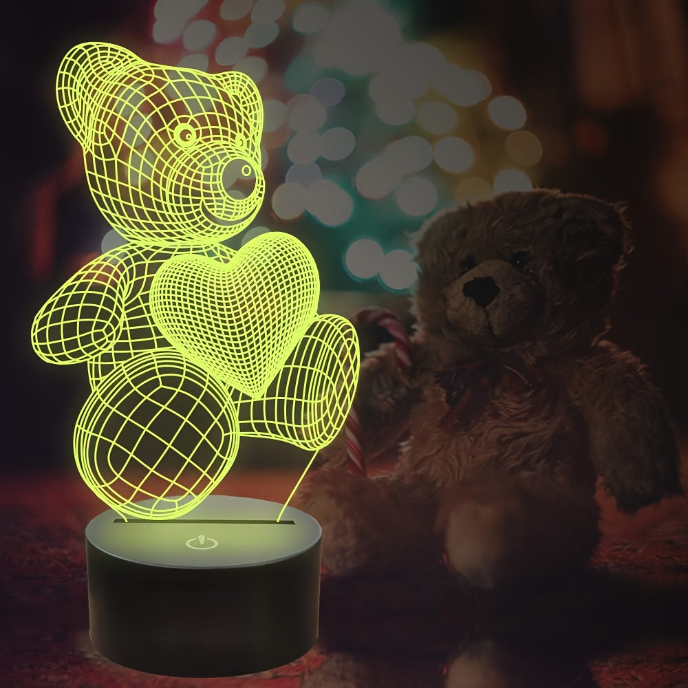 3D Illusion LED Night Light, USB Powered Bear with Heart, 16 Color Touch Switch Bedroom Decorative Lighting, Modern Fantasy Geometric Pattern, Remote Control Tabletop Lamp, Perfect Holiday Gift