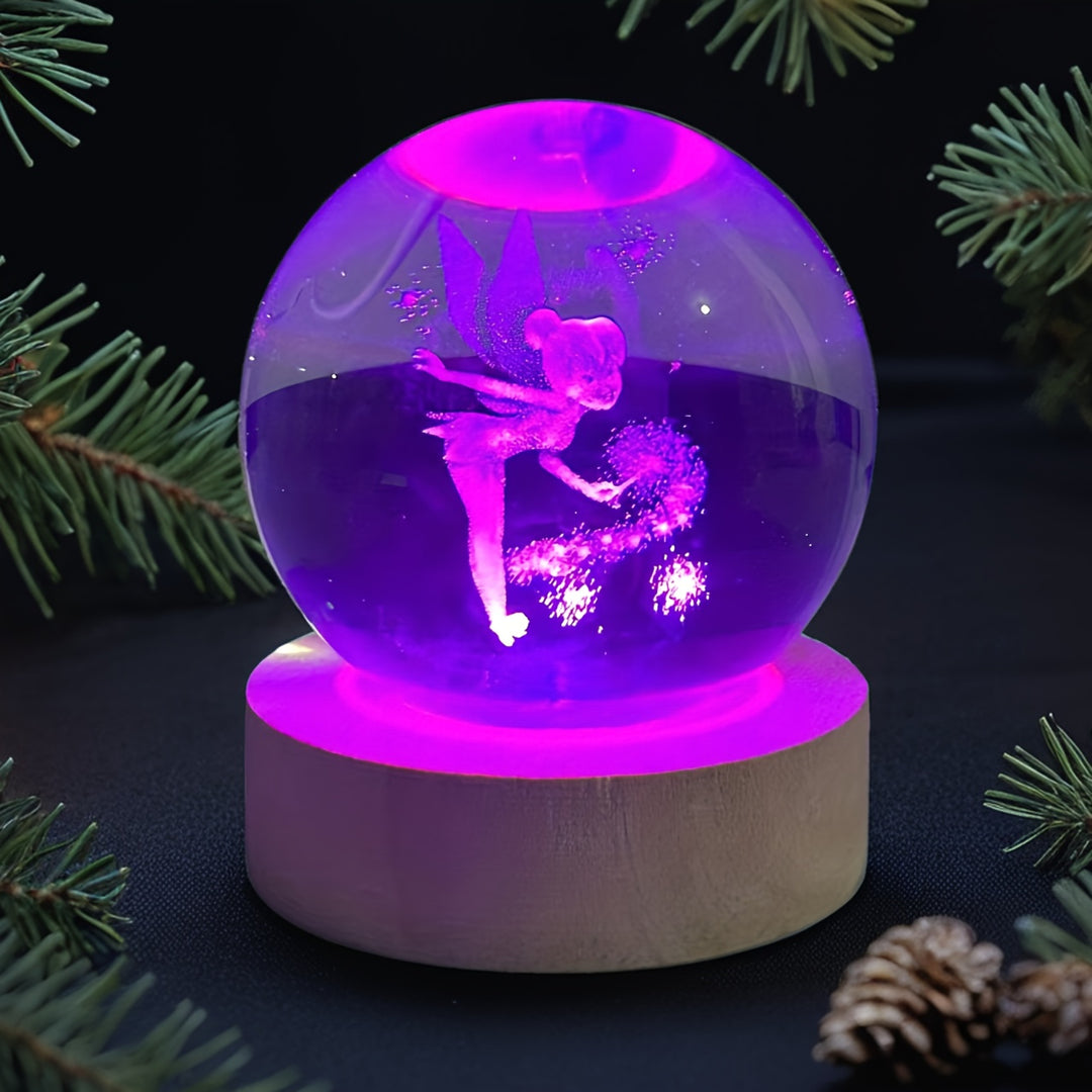 3D Laser Engraved Dancing Fairy Crystal Ball LED Night Light, RGB Light, USB Powered, Multi Colors, Indoor Use