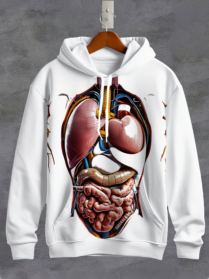 1pc Men'S 3D Anatomical Print Hoodie, Casual Polyester Knit Fabric Sweatshirt with Slight Stretch, Regular Fit Hooded Pullover for Fall/Winter Streetwear