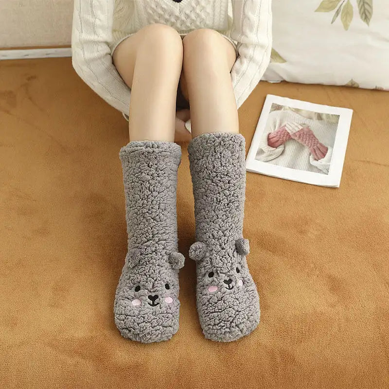 Inverno animali divertenti calzini Fuzzy donna simpatici calzini da cartone  animato spessi cotone caldo peluche pantofole