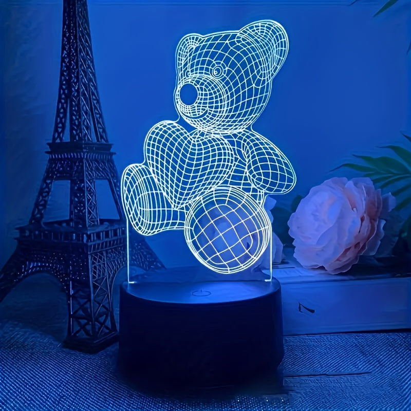 3D Illusion LED Night Light, USB Powered Bear with Heart, 16 Color Touch Switch Bedroom Decorative Lighting, Modern Fantasy Geometric Pattern, Remote Control Tabletop Lamp, Perfect Holiday Gift