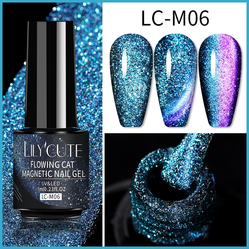 LEMOOC Smalto per Unghie Magnetico Gatto Gel Olografico Soak Off UV LED Smalto per Unghie Lacche Shiny Glitter Cat Shines Base Nera Necessità - Gufetto Brand 