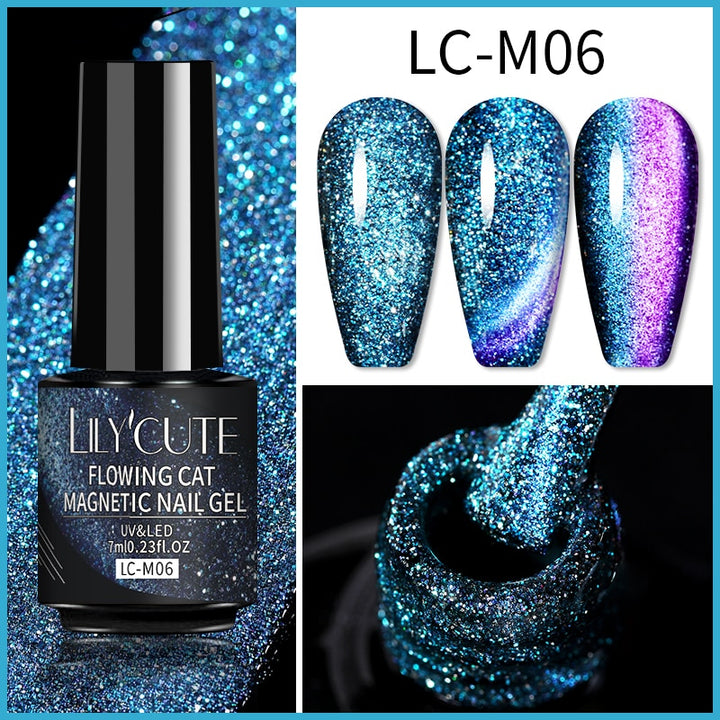 LEMOOC Smalto per Unghie Magnetico Gatto Gel Olografico Soak Off UV LED Smalto per Unghie Lacche Shiny Glitter Cat Shines Base Nera Necessità - Gufetto Brand 