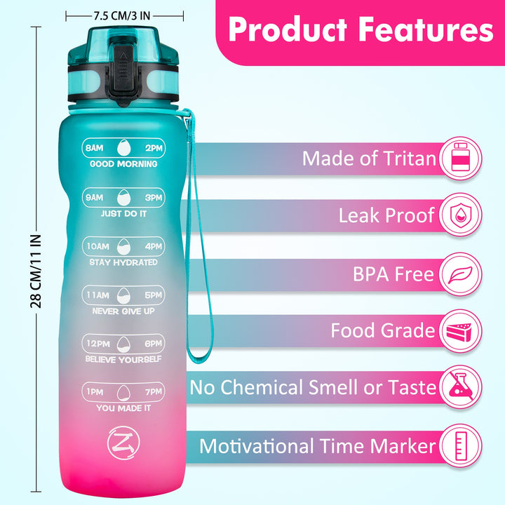 ZOMAKE 32oz Motivational Water Bottle with Time Marker,Leakproof  Sports Water Bottle BPA Free,Fruit Water Bottle Sports 1 Liter - Gufetto Brand 