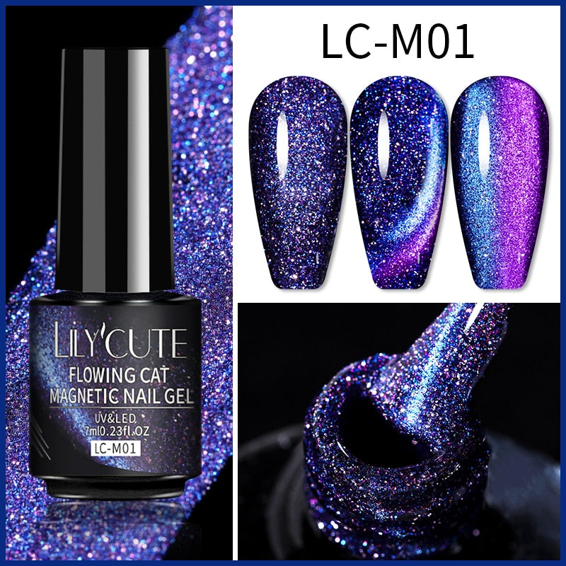 LEMOOC Smalto per Unghie Magnetico Gatto Gel Olografico Soak Off UV LED Smalto per Unghie Lacche Shiny Glitter Cat Shines Base Nera Necessità - Gufetto Brand 