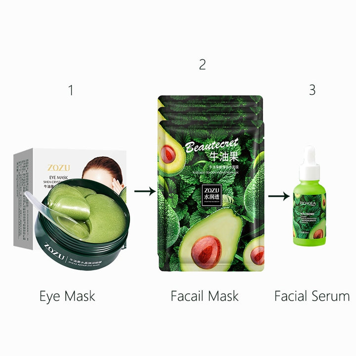 Avocado Essence Set per la cura della pelle Siero idratante per il viso e Patch per gli occhi al collagene antirughe e Maschera per il viso anti età Tuta per il trucco - Gufetto Brand 