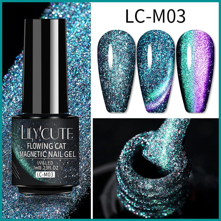 LEMOOC Smalto per Unghie Magnetico Gatto Gel Olografico Soak Off UV LED Smalto per Unghie Lacche Shiny Glitter Cat Shines Base Nera Necessità - Gufetto Brand 