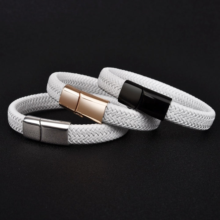 Jiayiqi 2022 Chic Braided Men Bracelet White Leather Bracelet Titanium Steel Clasp Male Jewelry Gold Rose Gold Silver Color - Gufetto Brand 