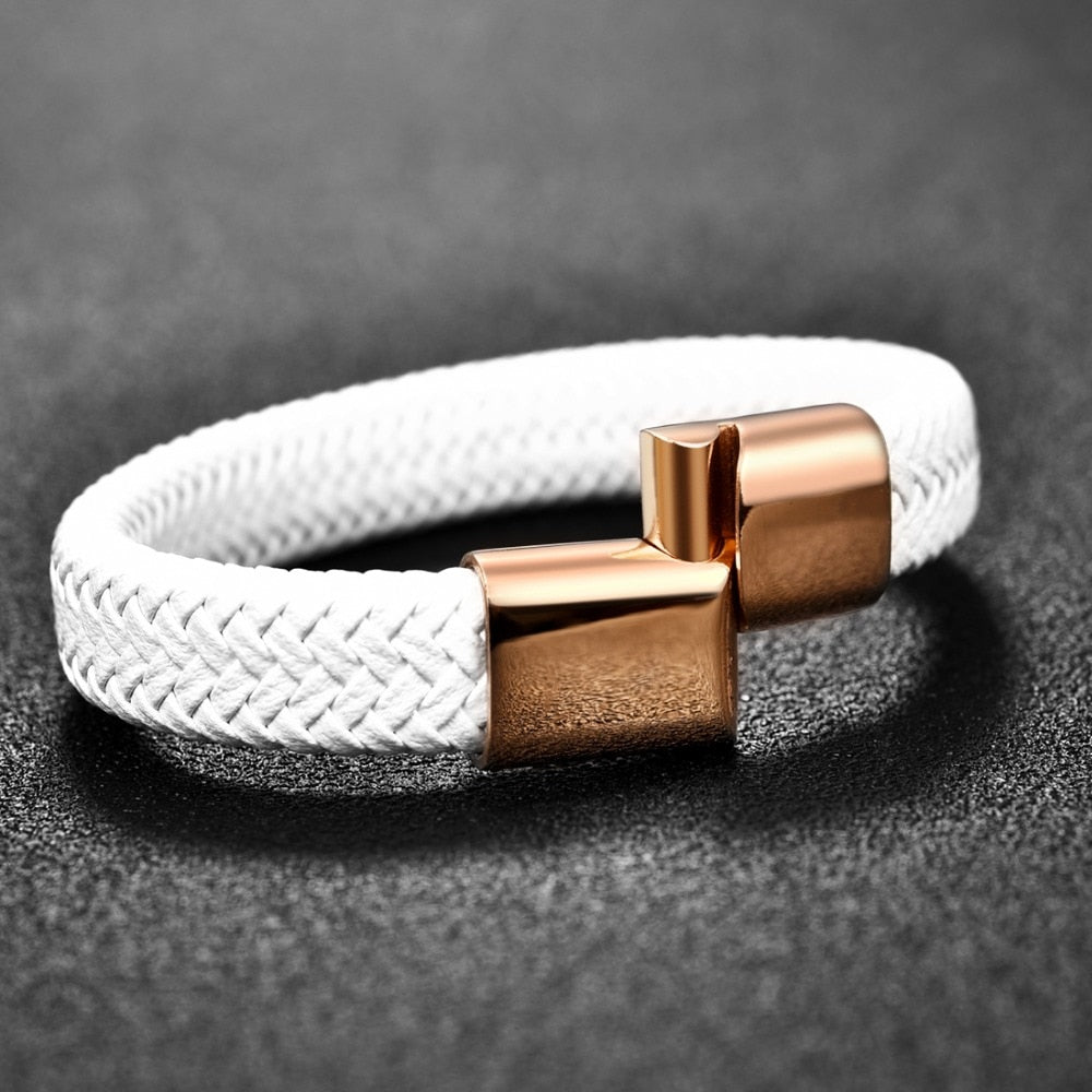 Jiayiqi 2022 Chic Braided Men Bracelet White Leather Bracelet Titanium Steel Clasp Male Jewelry Gold Rose Gold Silver Color - Gufetto Brand 