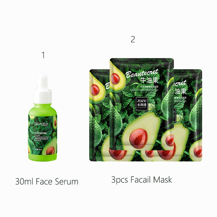 Avocado Essence Set per la cura della pelle Siero idratante per il viso e Patch per gli occhi al collagene antirughe e Maschera per il viso anti età Tuta per il trucco - Gufetto Brand 