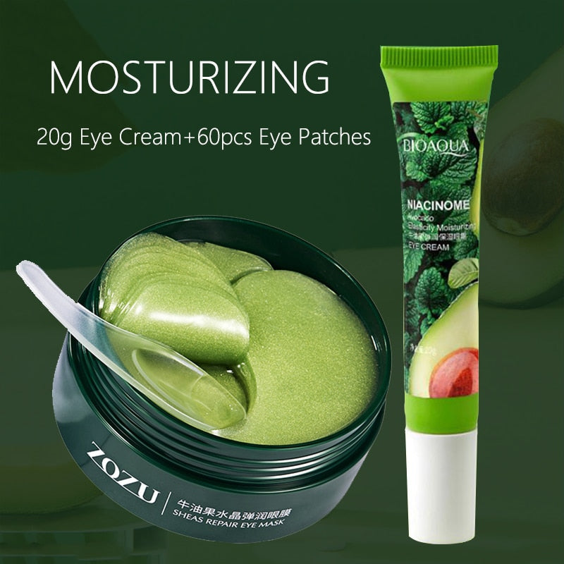 Avocado Essence Set per la cura della pelle Siero idratante per il viso e Patch per gli occhi al collagene antirughe e Maschera per il viso anti età Tuta per il trucco - Gufetto Brand 