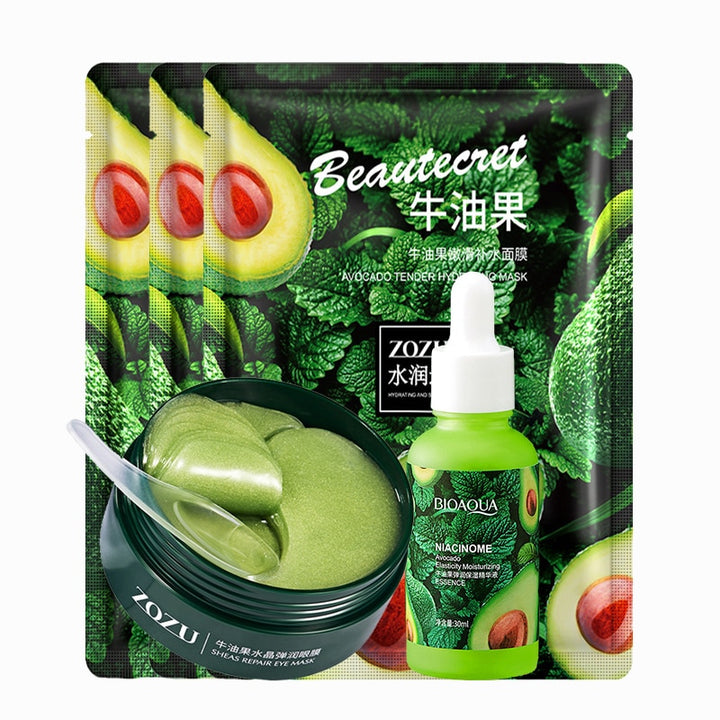 Avocado Essence Set per la cura della pelle Siero idratante per il viso e Patch per gli occhi al collagene antirughe e Maschera per il viso anti età Tuta per il trucco - Gufetto Brand 