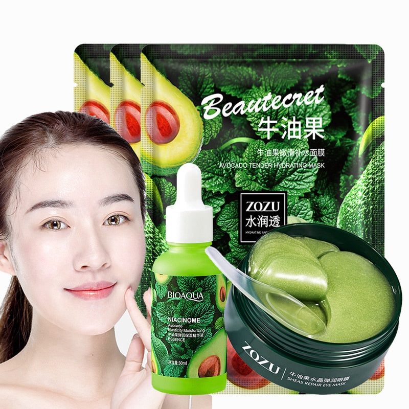 Avocado Essence Set per la cura della pelle Siero idratante per il viso e Patch per gli occhi al collagene antirughe e Maschera per il viso anti età Tuta per il trucco - Gufetto Brand 