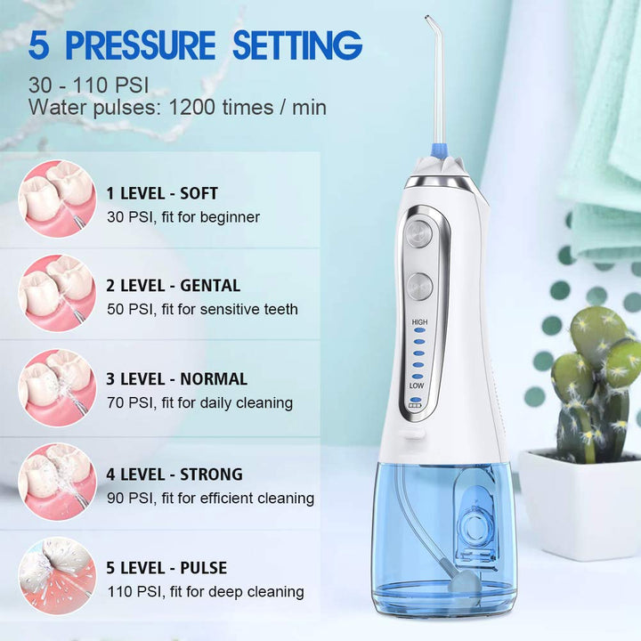 5 modalità di Irrigatore Orale USB Ricaricabile Filo Interdentale Portatile Dentale Acqua Flosser Jet 300 ml Irrigatore Dentale Denti Cleaner + 6 Jet - Gufetto Brand 