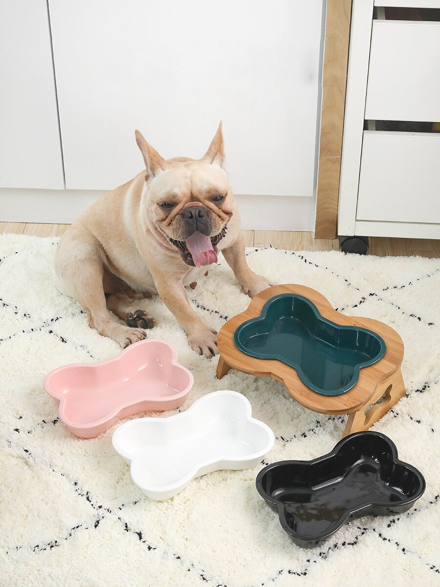 Ceramica Ciotola per Mangiare Acqua per Cani e Gatti per Cani Piccoli e Grandi Mangiatoia per Gatti per Cuccioli Forniture per Animali Domestici a Forma di Osso con Supporto in Legno - Gufetto Brand 