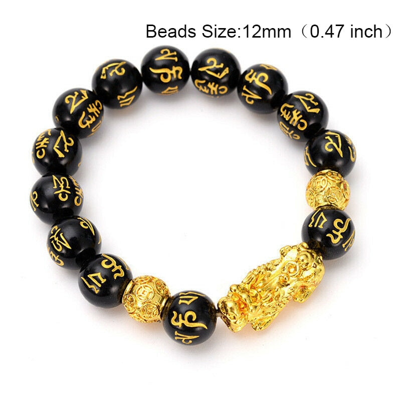 Braccialetto di perline di pietra di ossidiana Pixiu Portare ricchezza Buona fortuna Feng Shui Bracciale bestia cinese Bracciale in oro Pixiu Uomo Donna - Gufetto Brand 