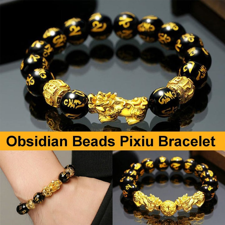 Braccialetto di perline di pietra di ossidiana Pixiu Portare ricchezza Buona fortuna Feng Shui Bracciale bestia cinese Bracciale in oro Pixiu Uomo Donna - Gufetto Brand 