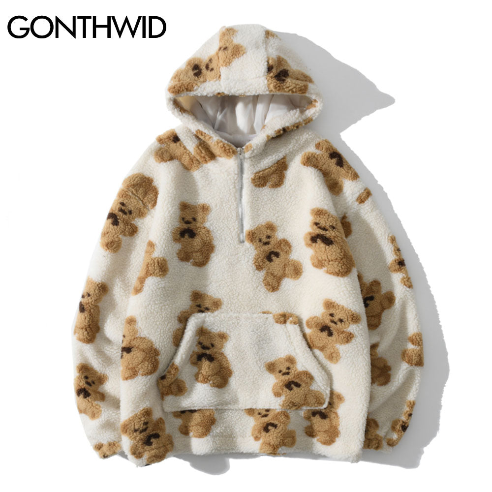 Fleece Fuzzy Hooded Sweatshirt Streetwear Hip Hop Bear Print Half Zipper Fluffy Pullover Hoodies Harajuku Casual Hoodie Tops - Gufetto Brand 