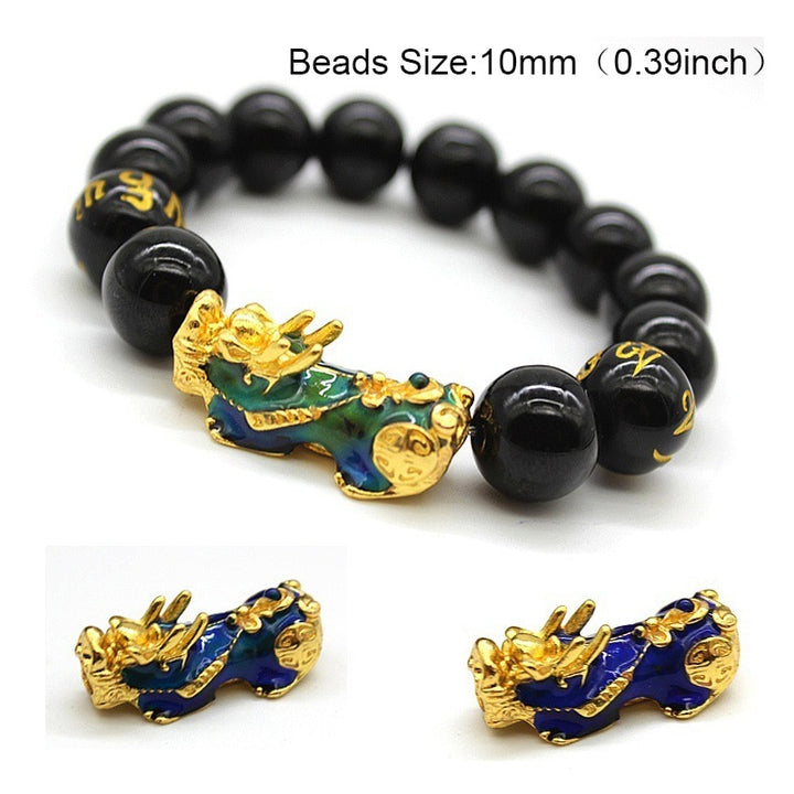 Braccialetto di perline di pietra di ossidiana Pixiu Portare ricchezza Buona fortuna Feng Shui Bracciale bestia cinese Bracciale in oro Pixiu Uomo Donna - Gufetto Brand 