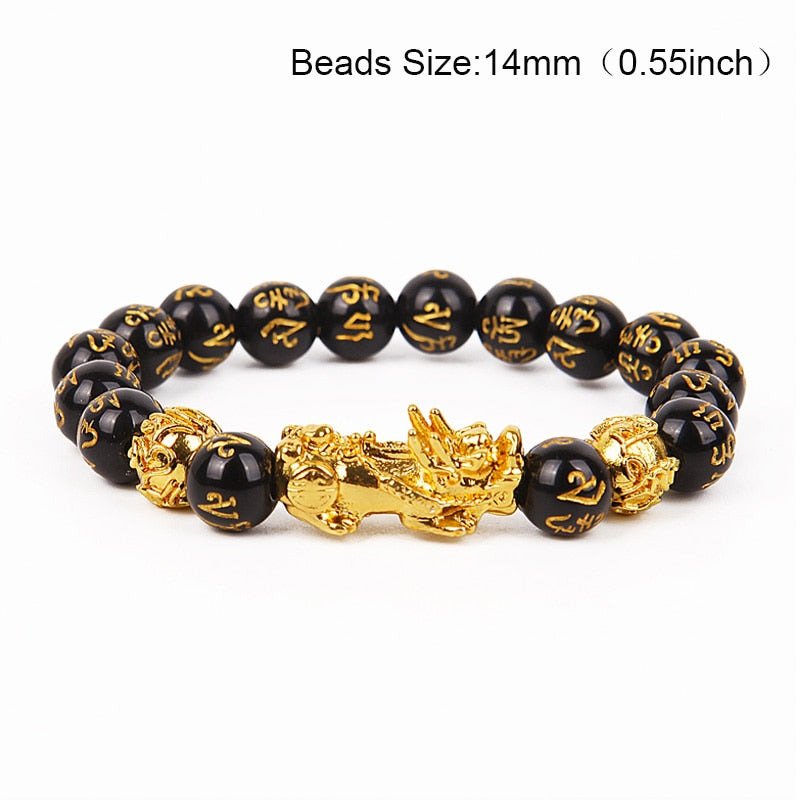 Braccialetto di perline di pietra di ossidiana Pixiu Portare ricchezza Buona fortuna Feng Shui Bracciale bestia cinese Bracciale in oro Pixiu Uomo Donna - Gufetto Brand 